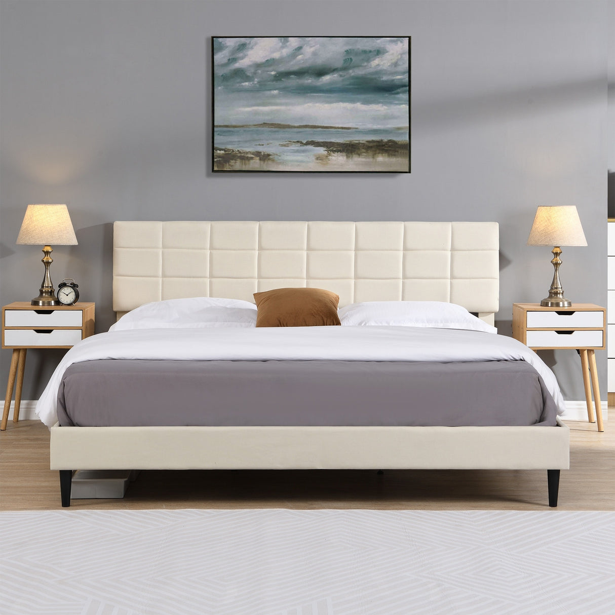 Platform Bed Frame with Fabric Upholstered Headboard and Wooden Slats
