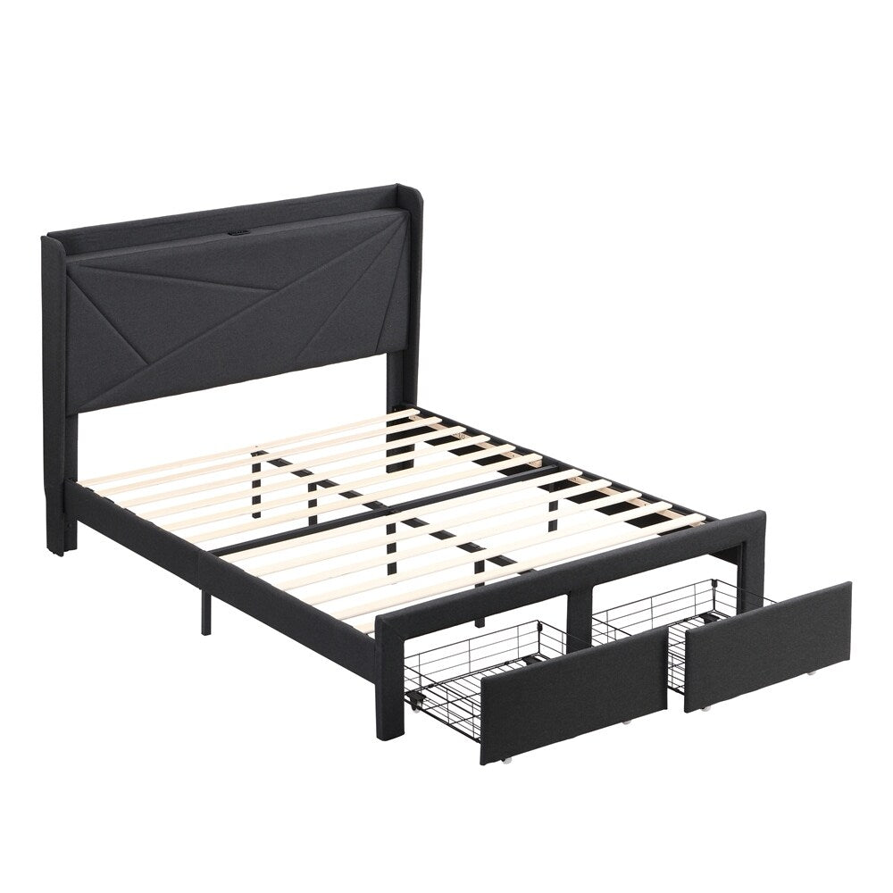 Full Size Platform Bed Frame with Storage and USB Charging Stations