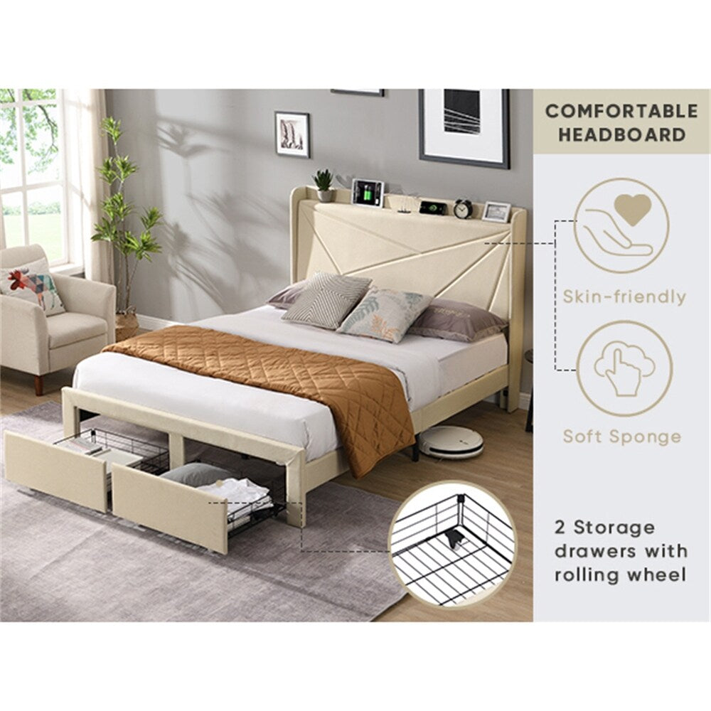 Full Size Platform Bed Frame with Storage and USB Charging Stations
