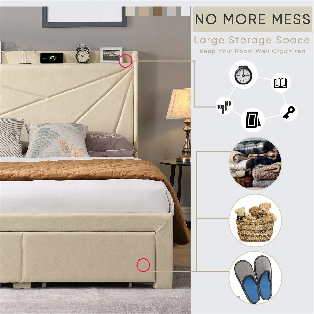 Full Size Platform Bed Frame with Storage and USB Charging Stations