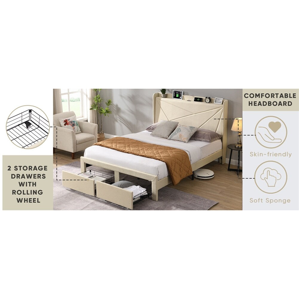 Full Size Platform Bed Frame with Storage and USB Charging Stations