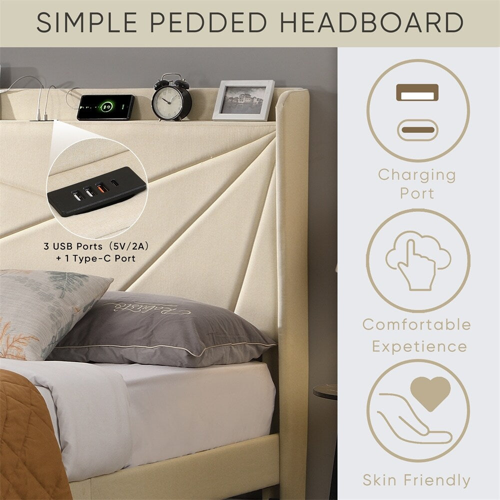Full Size Platform Bed Frame with Storage and USB Charging Stations