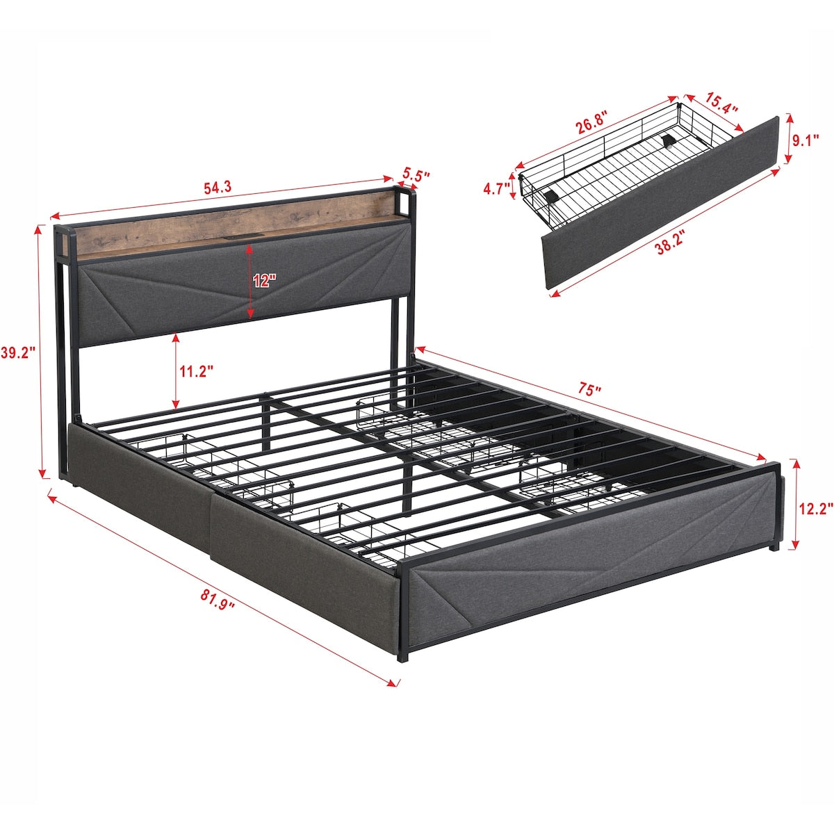 Full-Size Platform Bed Frame, Four-Compartment Storage Drawers and Storage Headboard with Charging Station, Easy to Assemble