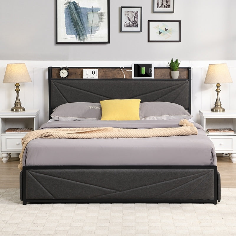 Full-Size Platform Bed Frame, Four-Compartment Storage Drawers and Storage Headboard with Charging Station, Easy to Assemble