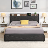 Full-Size Platform Bed Frame, Four-Compartment Storage Drawers and Storage Headboard with Charging Station, Easy to Assemble