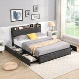 Full-Size Platform Bed Frame, Four-Compartment Storage Drawers and Storage Headboard with Charging Station, Easy to Assemble