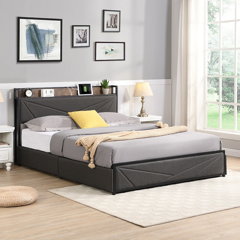 Full-Size Platform Bed Frame, Four-Compartment Storage Drawers and Storage Headboard with Charging Station, Easy to Assemble