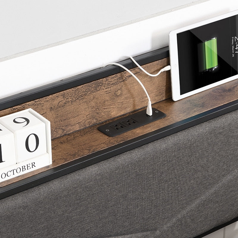 Full-Size Platform Bed Frame, Four-Compartment Storage Drawers and Storage Headboard with Charging Station, Easy to Assemble