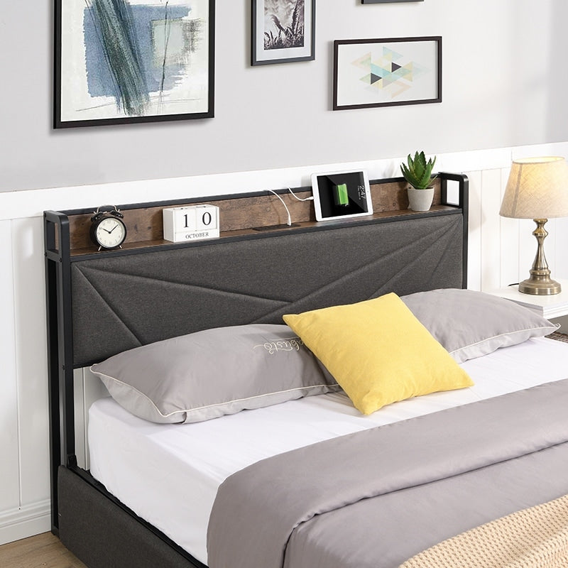 Full-Size Platform Bed Frame, Four-Compartment Storage Drawers and Storage Headboard with Charging Station, Easy to Assemble