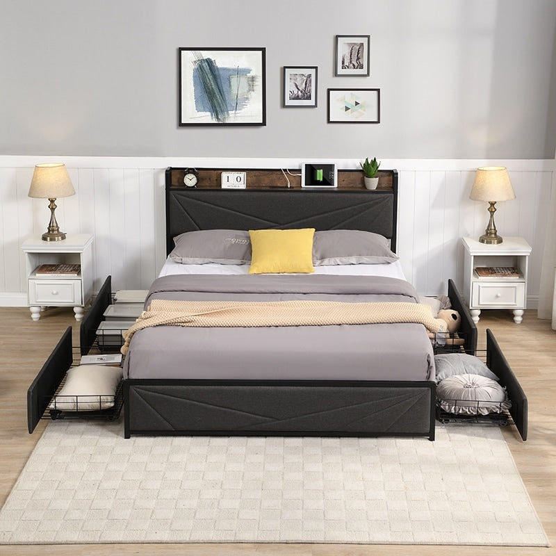 Full-Size Platform Bed Frame, Four-Compartment Storage Drawers and Storage Headboard with Charging Station, Easy to Assemble