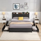 Full-Size Platform Bed Frame, Four-Compartment Storage Drawers and Storage Headboard with Charging Station, Easy to Assemble