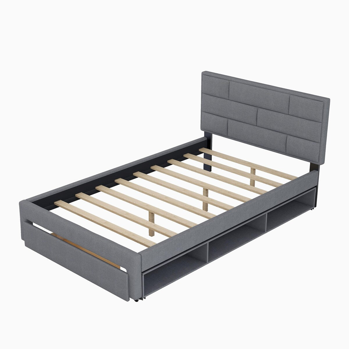 Full Size Platform Bed Linen Fabric Upholstered with a Drawer and Storage Shelves Cabinets Bedframe w/Wood Slat Support, Grey