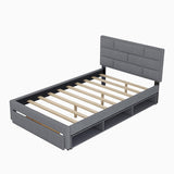 Full Size Platform Bed Linen Fabric Upholstered with a Drawer and Storage Shelves Cabinets Bedframe w/Wood Slat Support, Grey