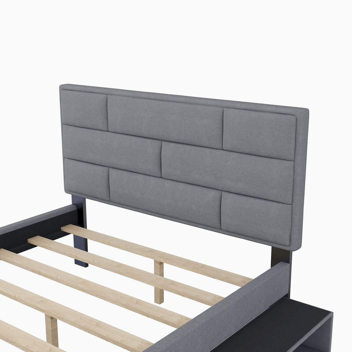 Full Size Platform Bed Linen Fabric Upholstered with a Drawer and Storage Shelves Cabinets Bedframe w/Wood Slat Support, Grey