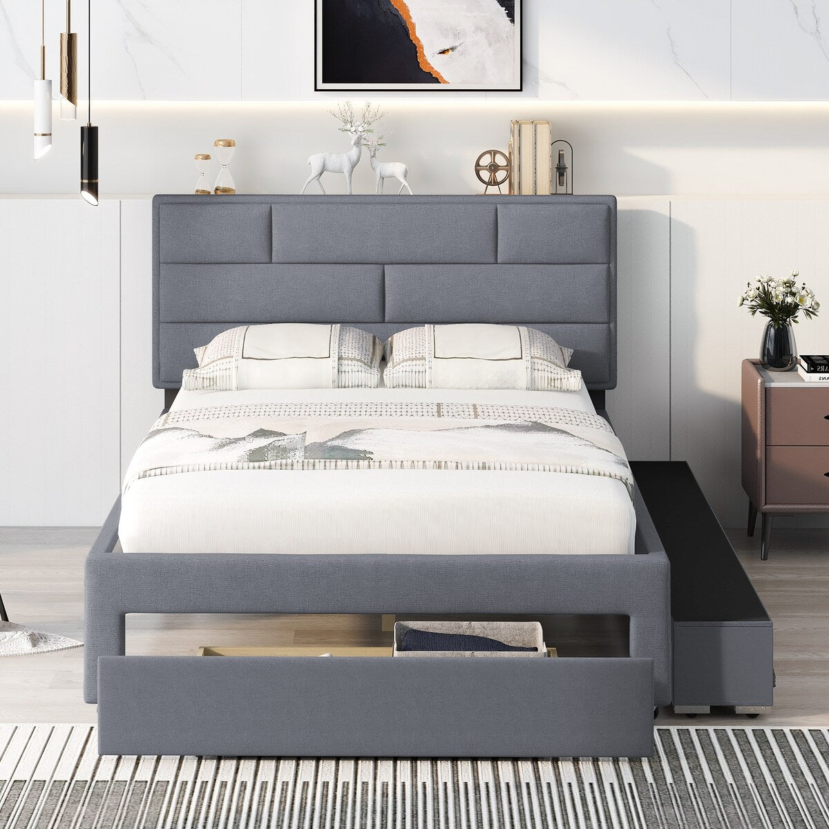Full Size Platform Bed Linen Fabric Upholstered with a Drawer and Storage Shelves Cabinets Bedframe w/Wood Slat Support, Grey
