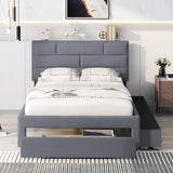 Full Size Platform Bed Linen Fabric Upholstered with a Drawer and Storage Shelves Cabinets Bedframe w/Wood Slat Support, Grey