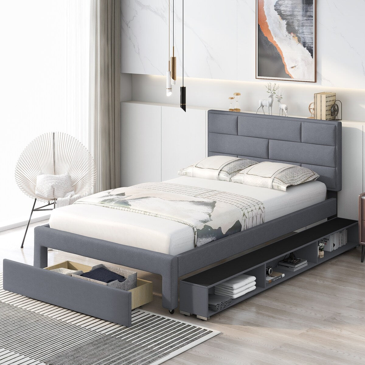 Full Size Platform Bed Linen Fabric Upholstered with a Drawer and Storage Shelves Cabinets Bedframe w/Wood Slat Support, Grey