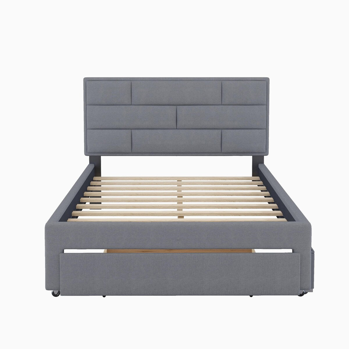 Full Size Platform Bed Linen Fabric Upholstered with a Drawer and Storage Shelves Cabinets Bedframe w/Wood Slat Support, Grey