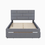Full Size Platform Bed Linen Fabric Upholstered with a Drawer and Storage Shelves Cabinets Bedframe w/Wood Slat Support, Grey
