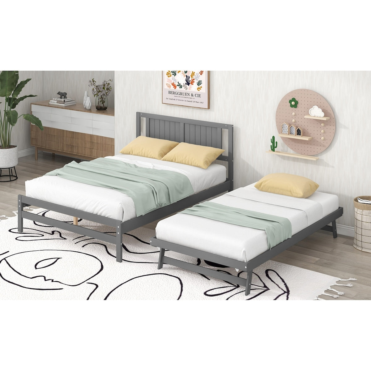 Full Size Platform Bed with Adjustable Trundle