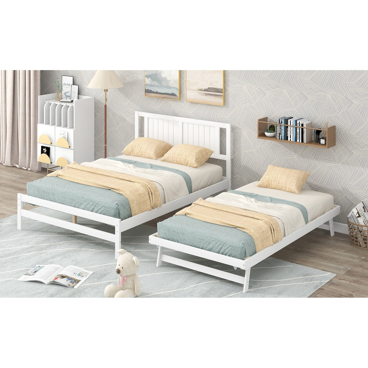 Full Size Platform Bed with Adjustable Trundle