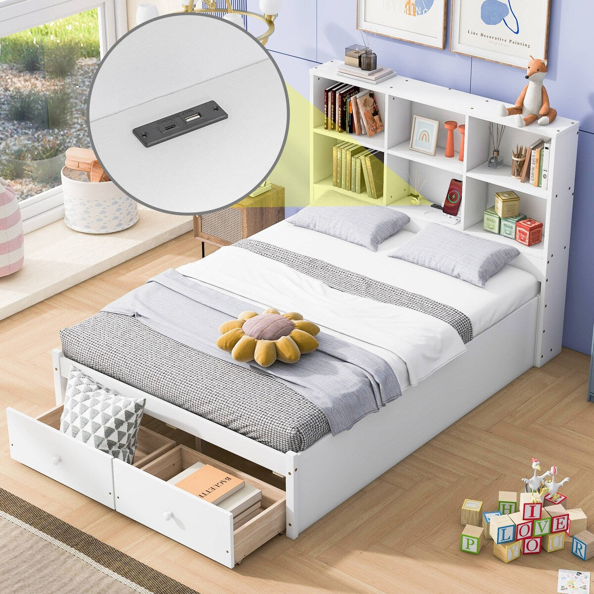 Full Size Platform Bed with Storage Headboard Charging Station and 2 Drawers
