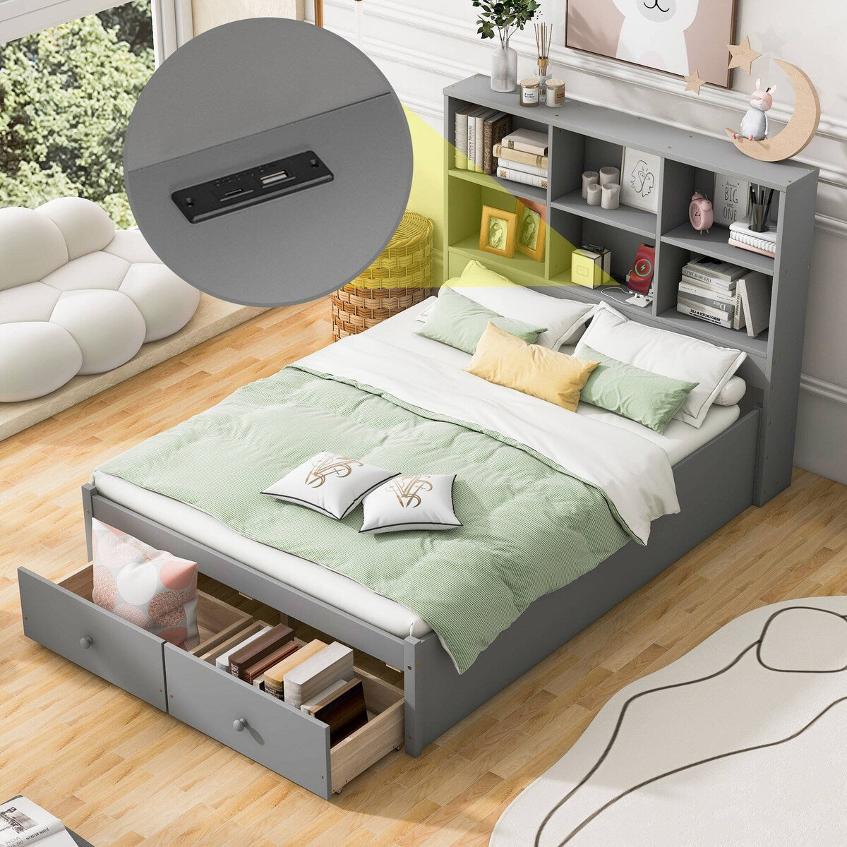 Full Size Platform Bed with Storage Headboard Charging Station and 2 Drawers