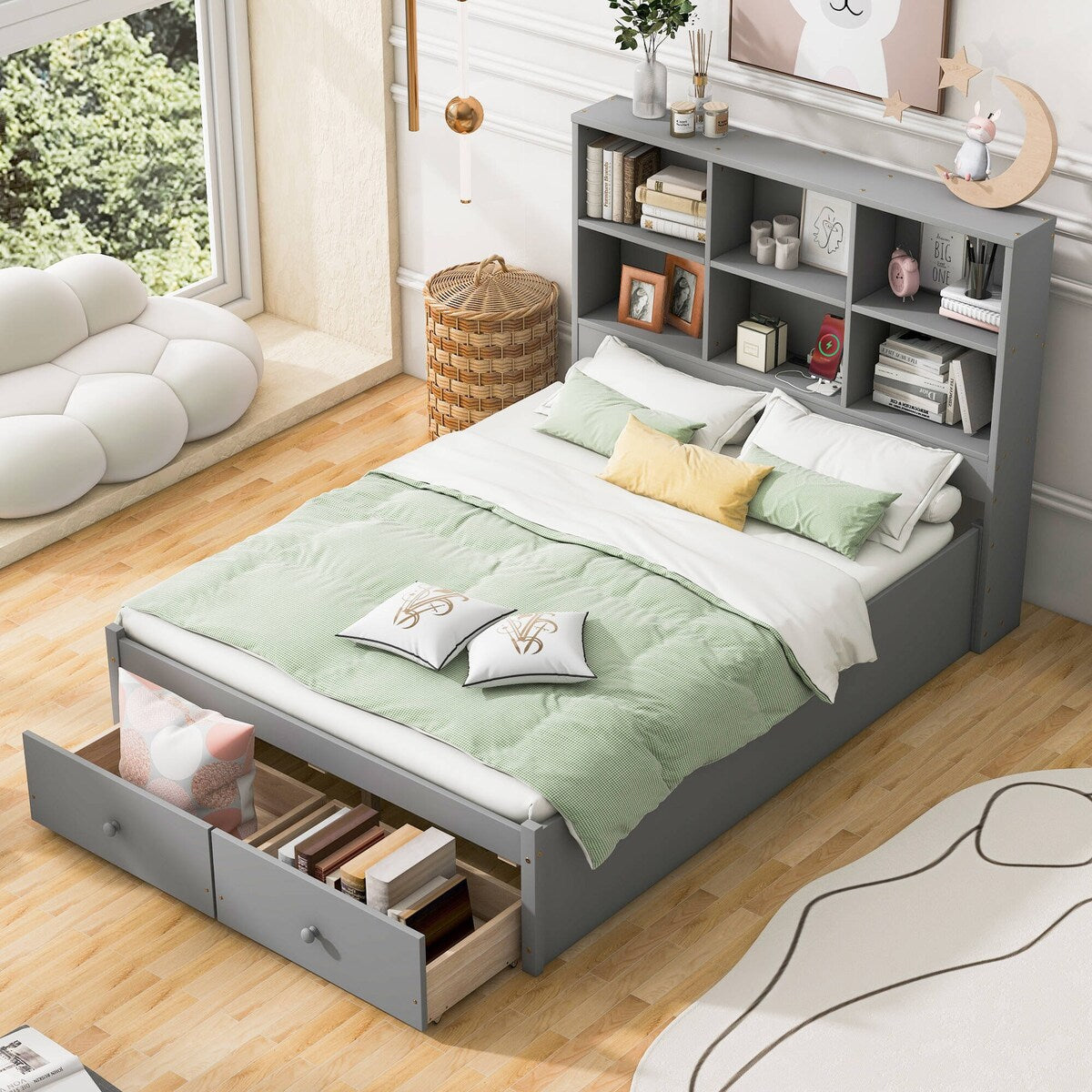 Full Size Platform Bed with Storage Headboard Charging Station and 2 Drawers