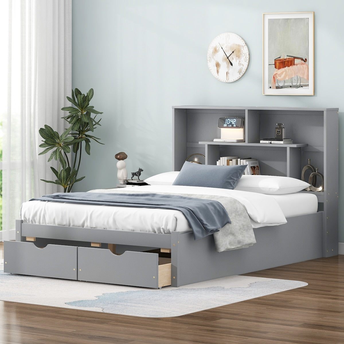 Full Size Platform Bed with Storage Headboard and 2 Drawers
