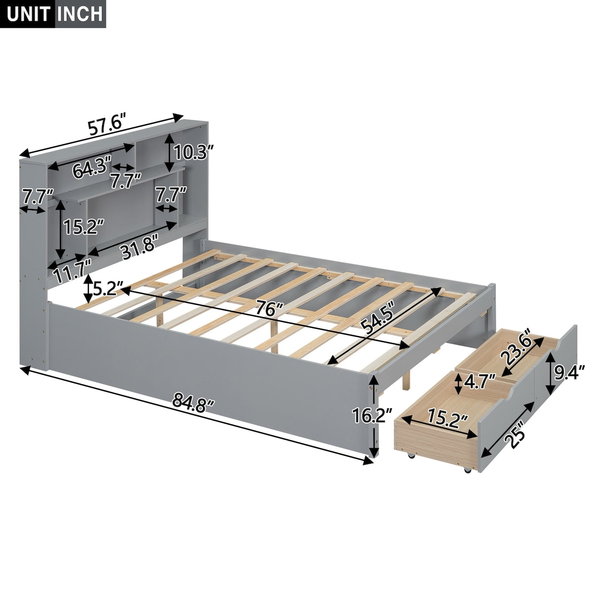 Full Size Platform Bed with Storage Headboard and 2 Drawers