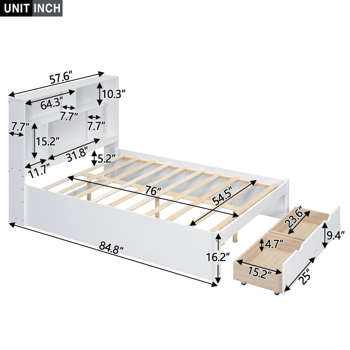 Full Size Platform Bed with Storage Headboard and 2 Drawers