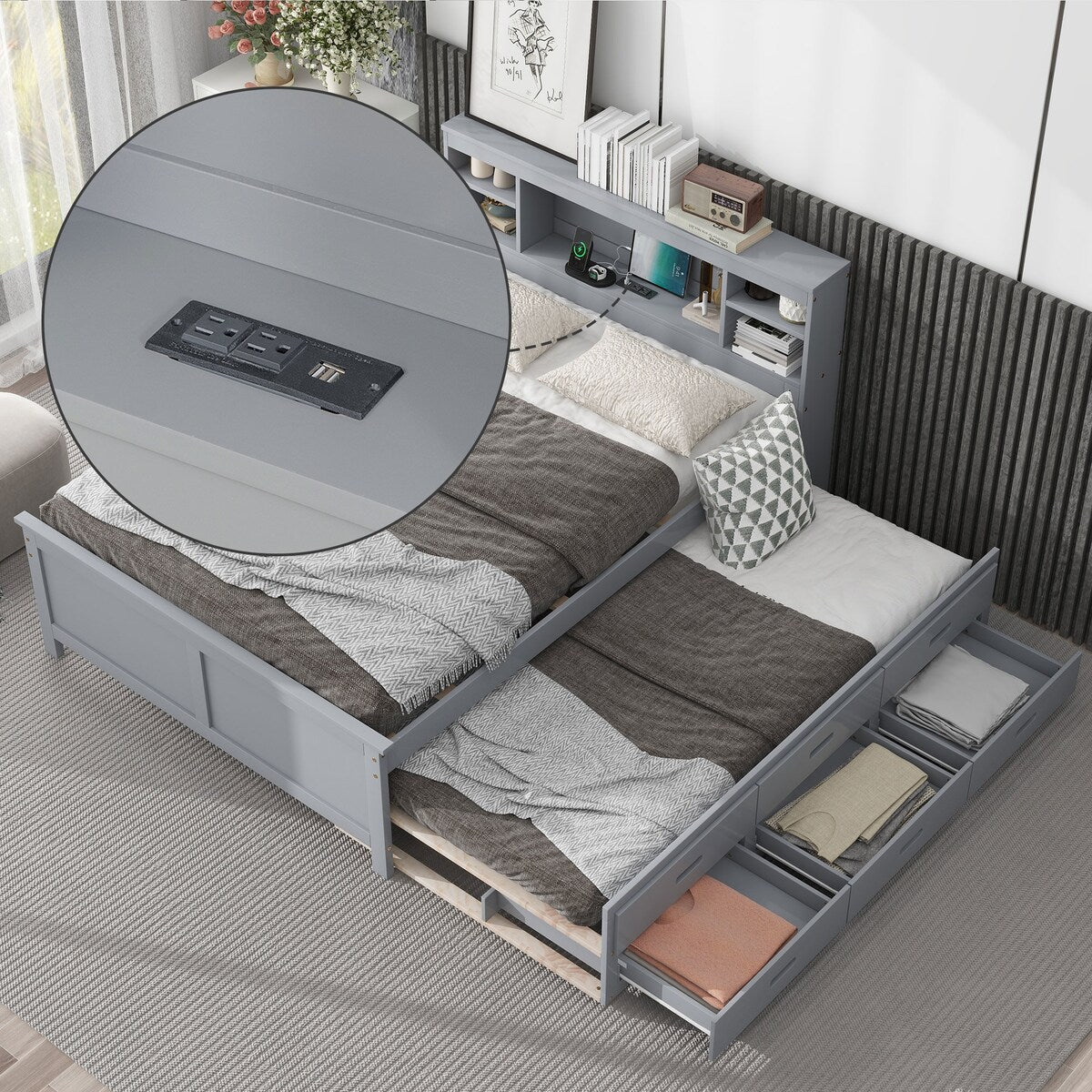 Full Size Platform Bed with Storage Headboard