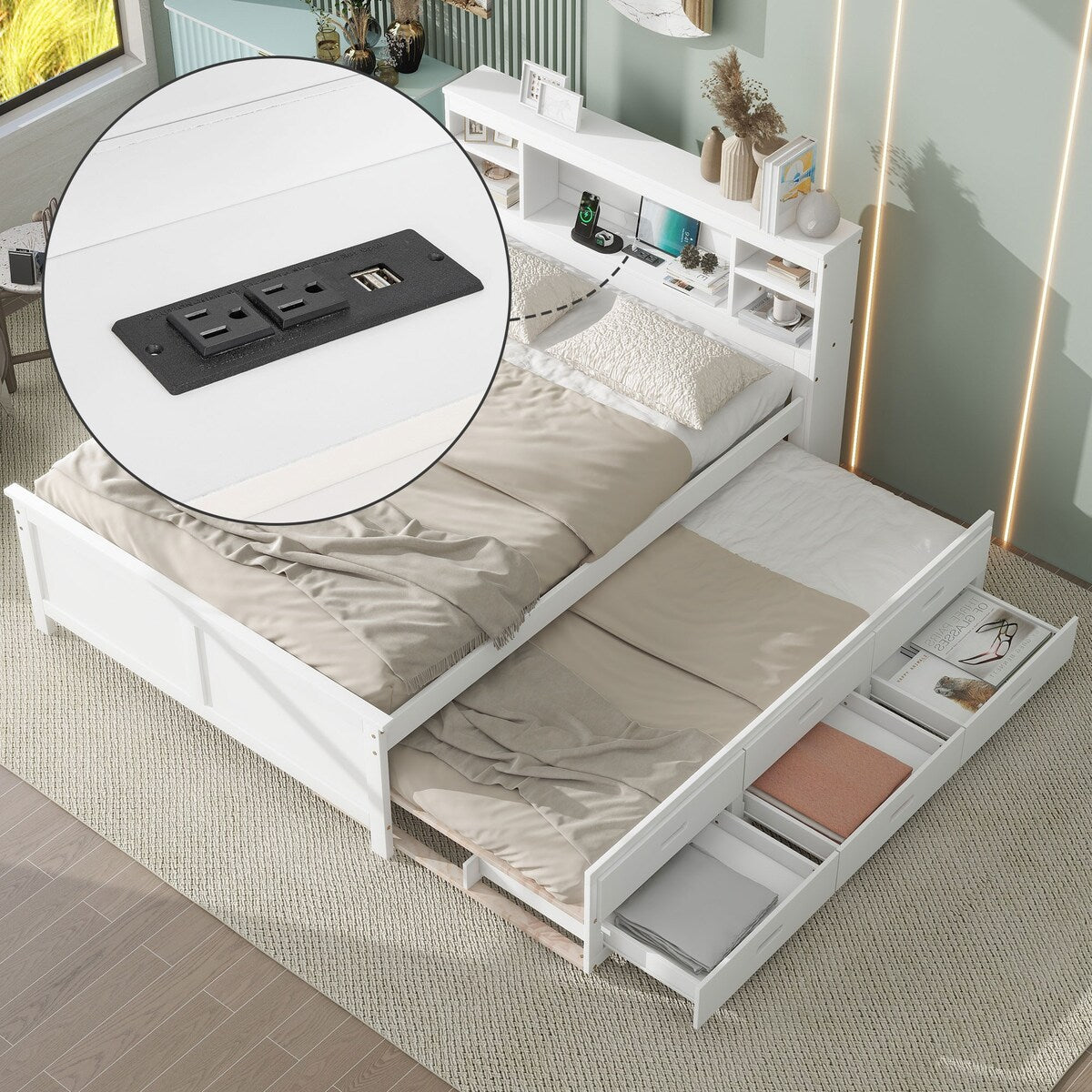 Full Size Platform Bed with Storage Headboard