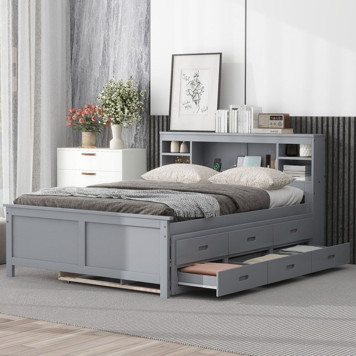 Full Size Platform Bed with Storage Headboard