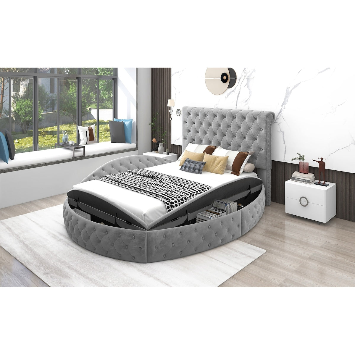 Full Size Round Shape Upholstery Low Profile Storage Platform Bed with Storage Space on both Sides and Footboard