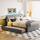 Full Size Teddy Upholstered Bed with Smarter LED Stripe Headboard Platform Bed Frame, Trundle Bed, No Box Spring Needed