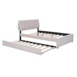 Full Size Teddy Upholstered Bed with Smarter LED Stripe Headboard Platform Bed Frame, Trundle Bed, No Box Spring Needed