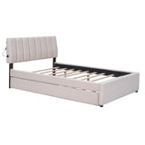 Full Size Teddy Upholstered Bed with Smarter LED Stripe Headboard Platform Bed Frame, Trundle Bed, No Box Spring Needed