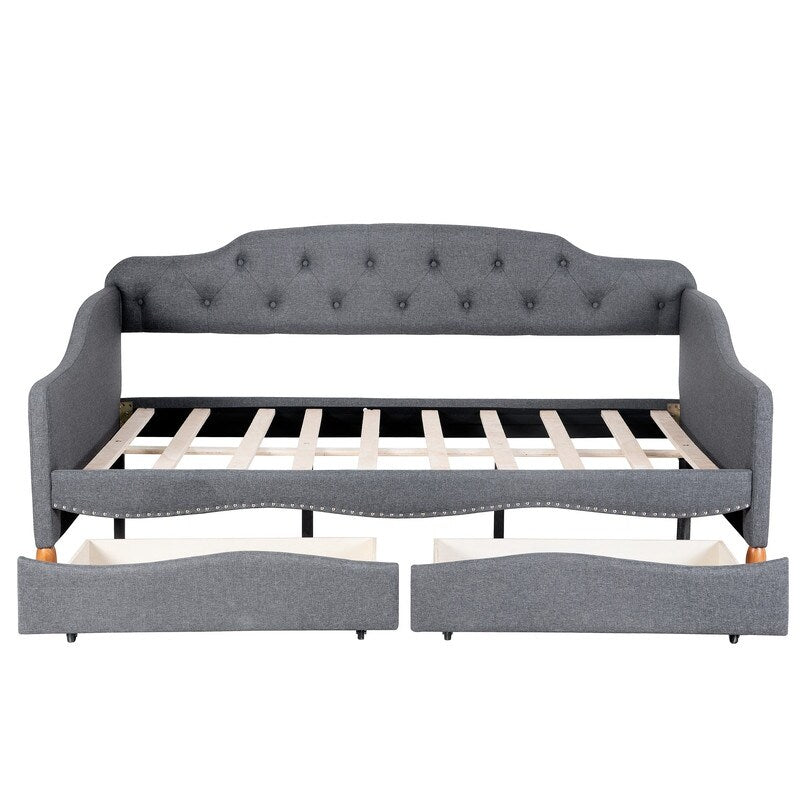 Full Size Tufted Backrest Daybed with 2-Large Drawers, Grey