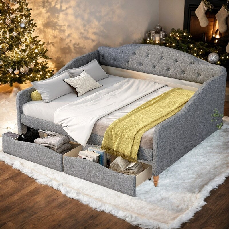 Full Size Tufted Backrest Daybed with 2-Large Drawers, Grey