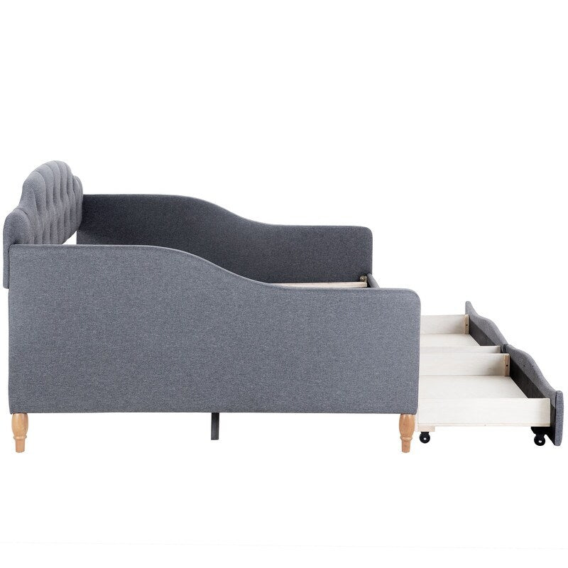 Full Size Tufted Backrest Daybed with 2-Large Drawers, Grey