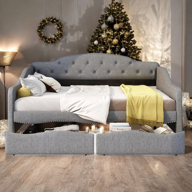Full Size Tufted Backrest Daybed with 2-Large Drawers, Grey