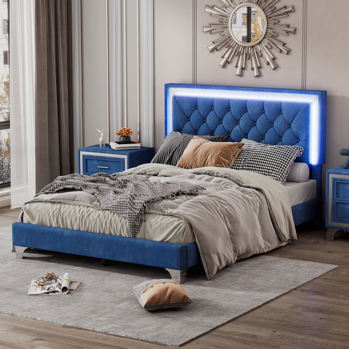 Full Size Upholstered Bed Frame with LED Lights