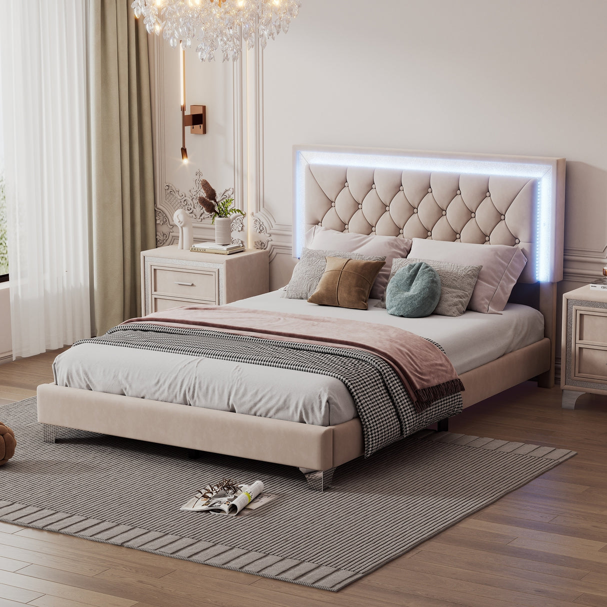 Full Size Upholstered Bed Frame with LED Lights