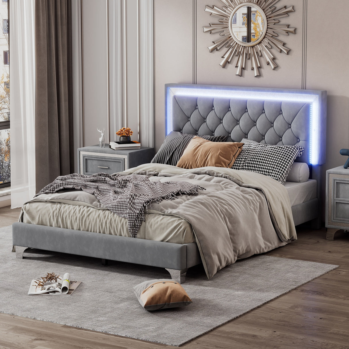 Full Size Upholstered Bed Frame with LED Lights