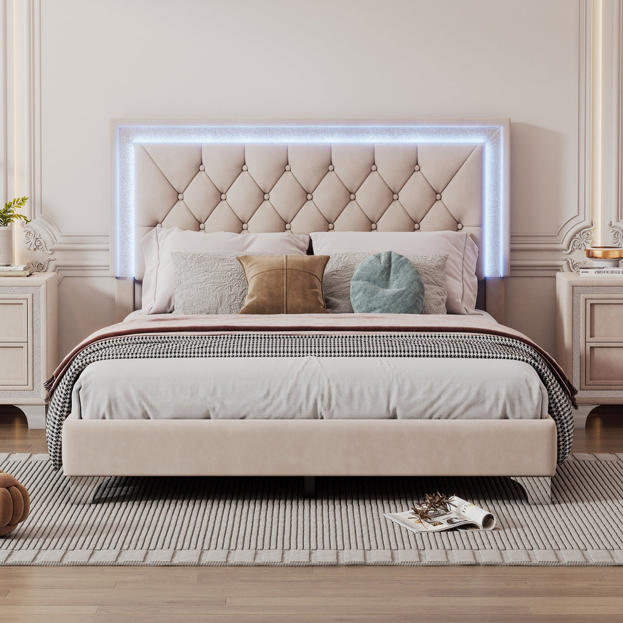 Full Size Upholstered Bed Frame with LED Lights