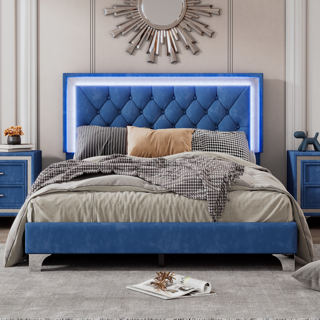 Full Size Upholstered Bed Frame with LED Lights