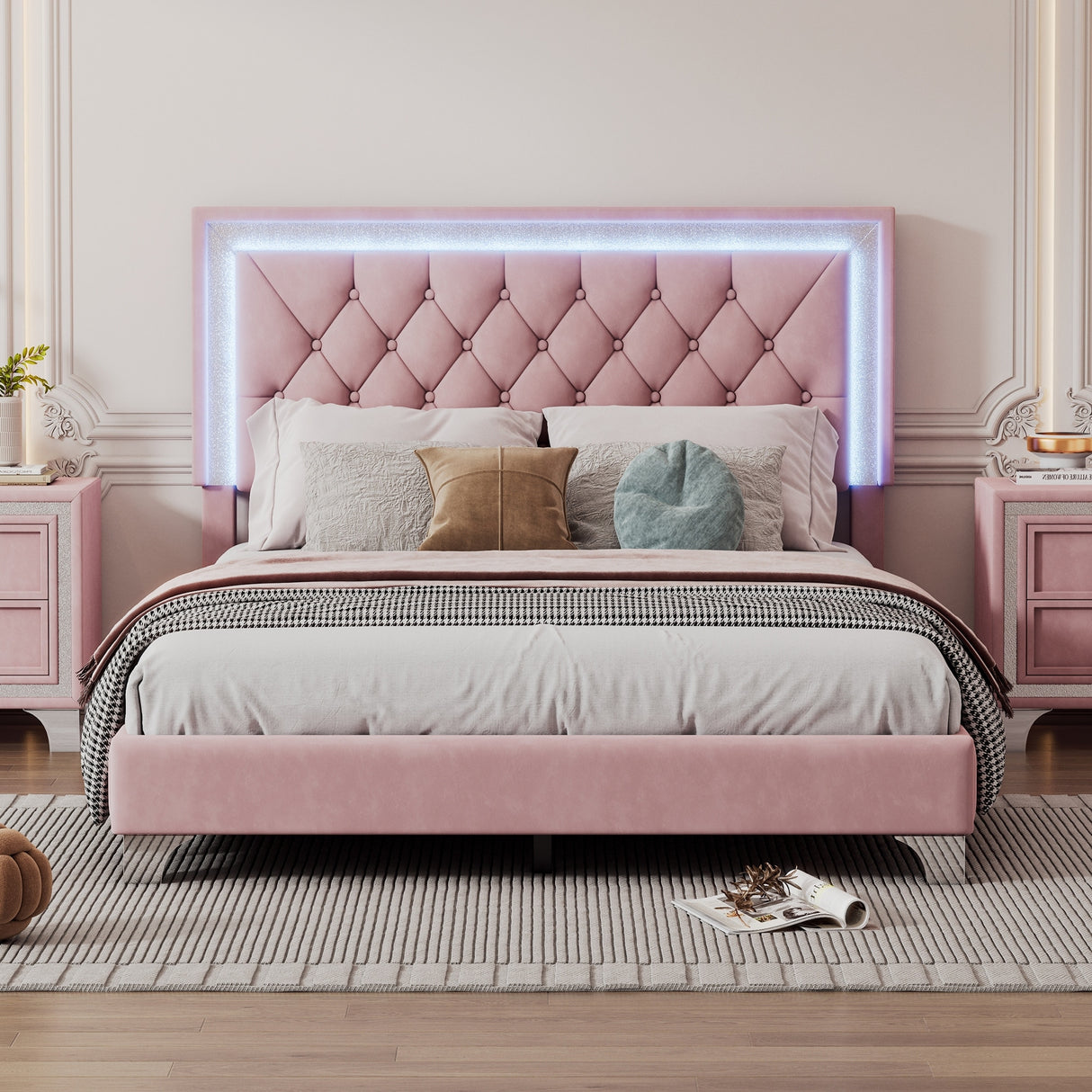 Full Size Upholstered Bed Frame with LED Lights