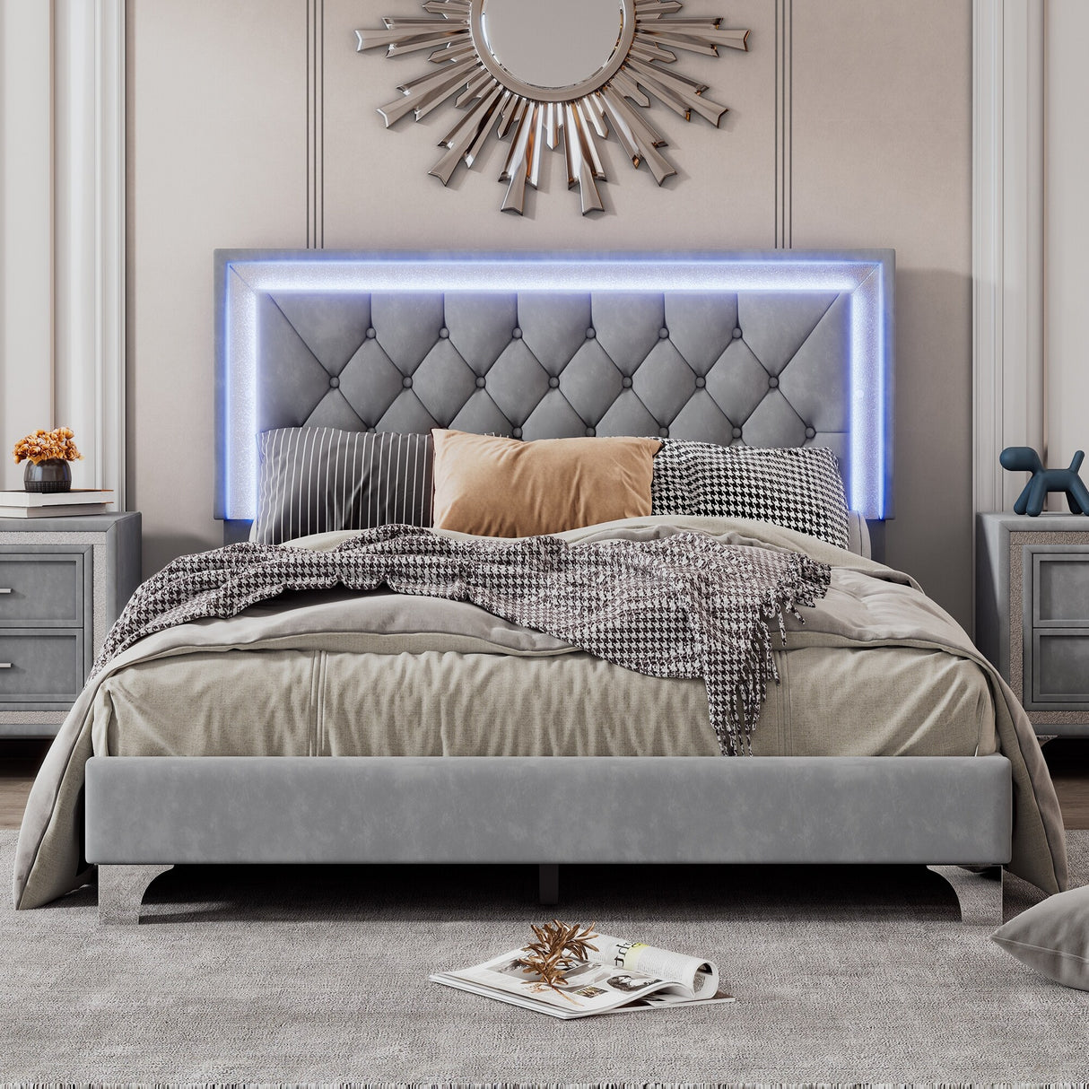 Full Size Upholstered Bed Frame with LED Lights