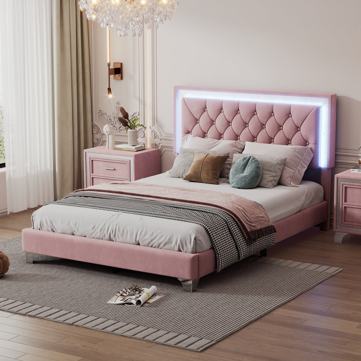 Full Size Upholstered Bed Frame with LED Lights